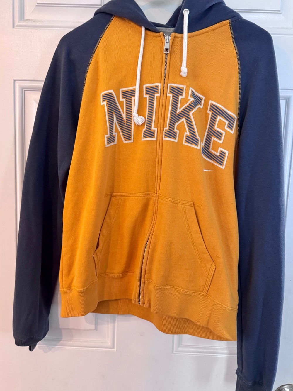 Vintage Nike Men’s Two-Tone Zip Hoodie in Mustard and Navy Blue